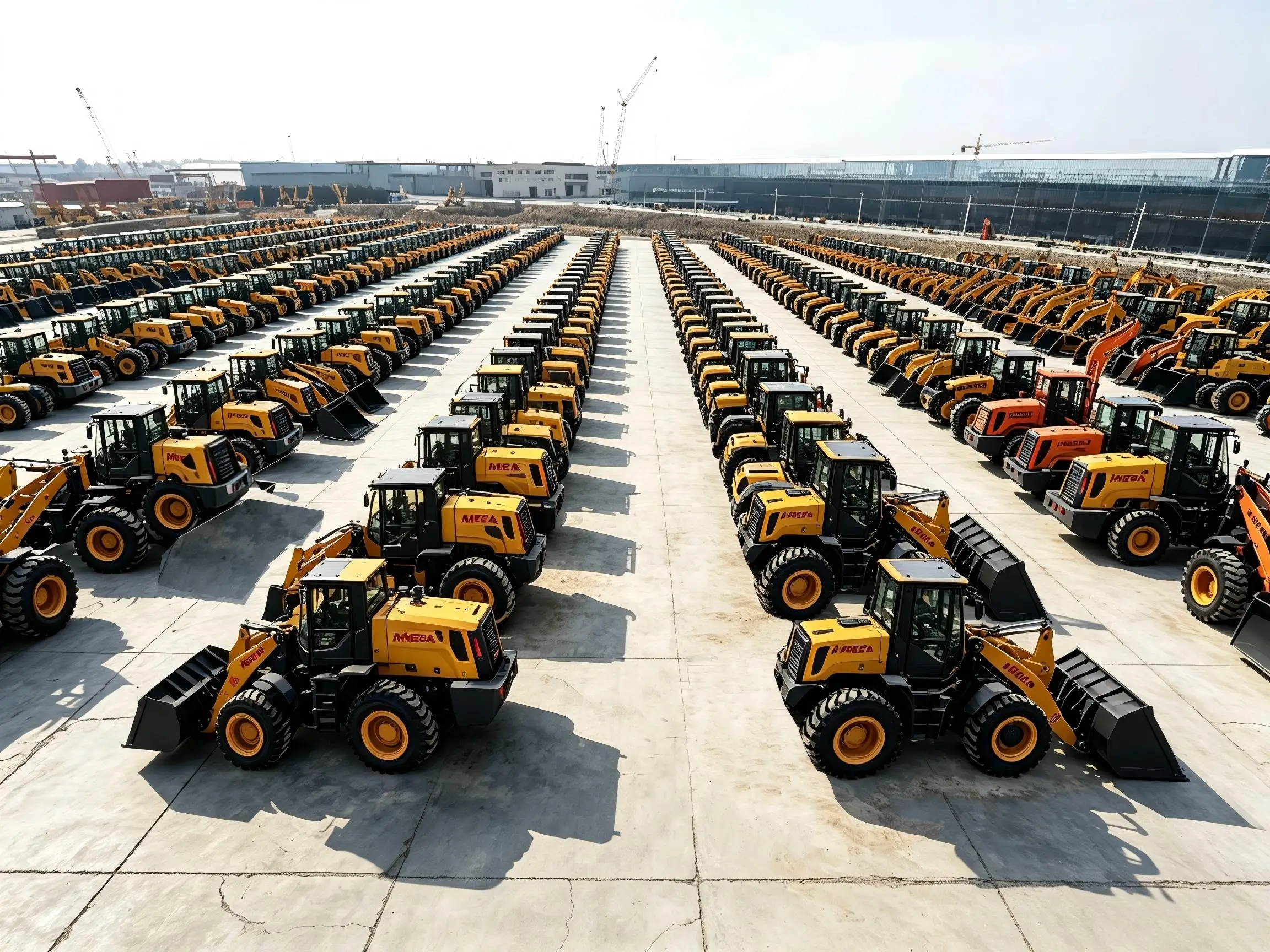 MEGA machinery yard with loaders ready for delivery