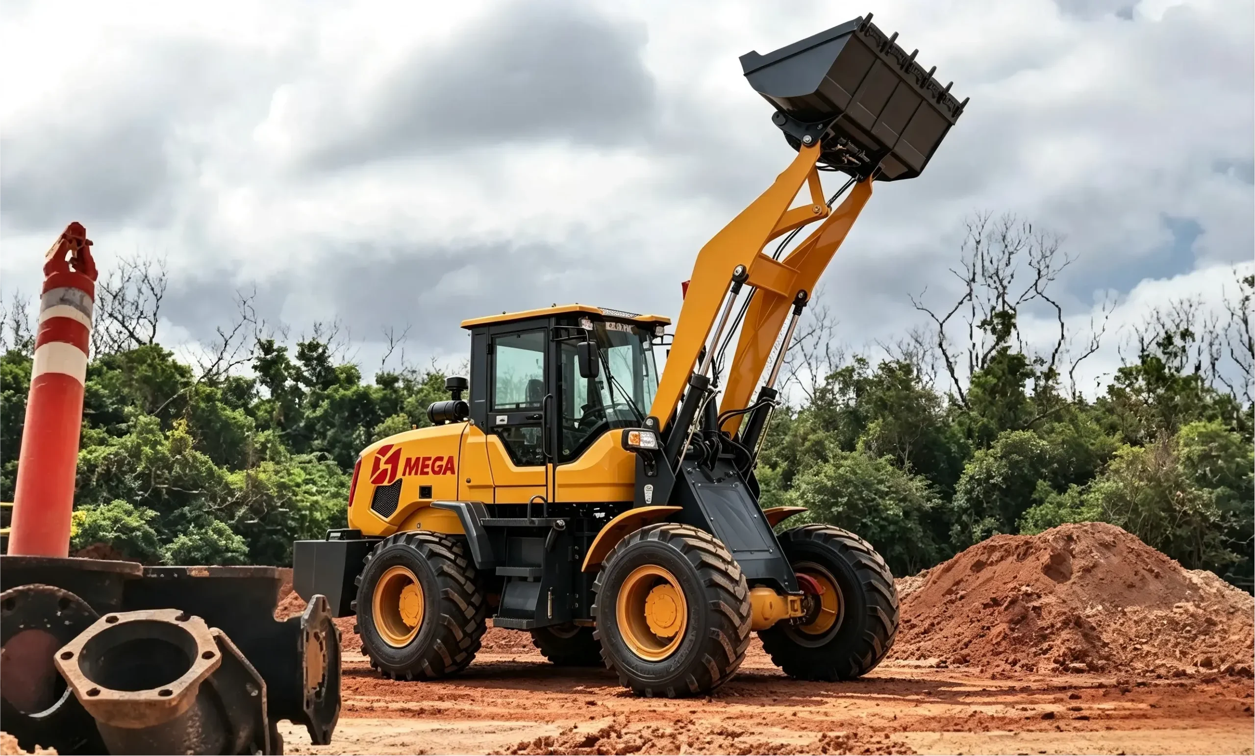 MEGA wheel loader working with a raised bucket