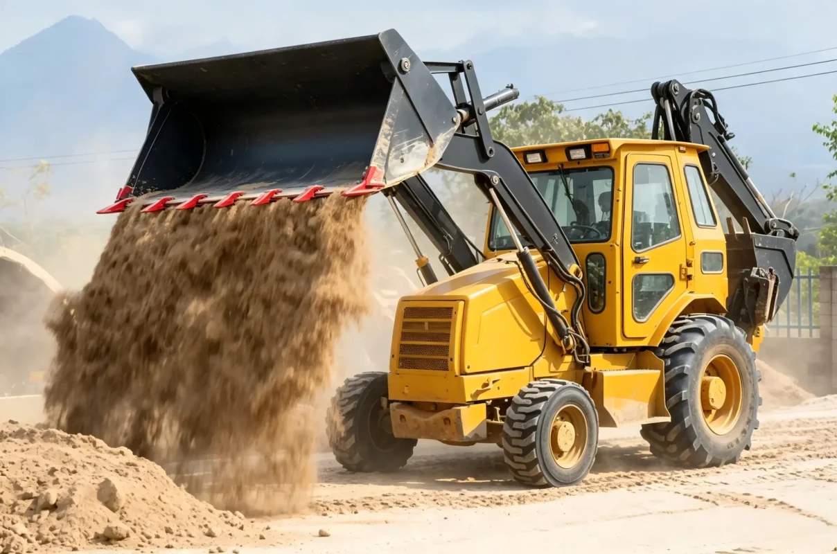 02国外项目成功案例展示-Overseas Construction Machinery Project Cases Backhoe loader handling sand on an overseas construction site