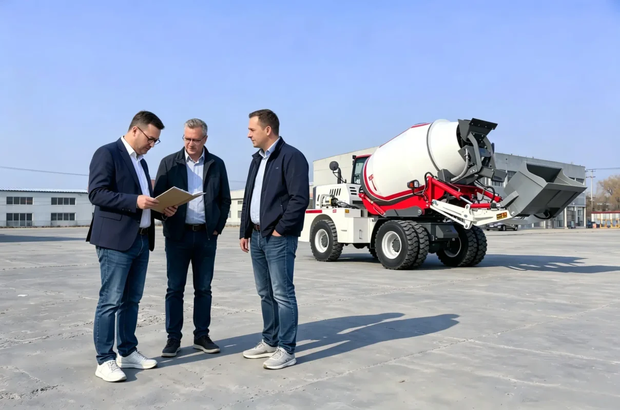 02国外项目成功案例展示-Overseas Construction Machinery Project Cases Customers reviewing a self loading concrete mixer at the factory