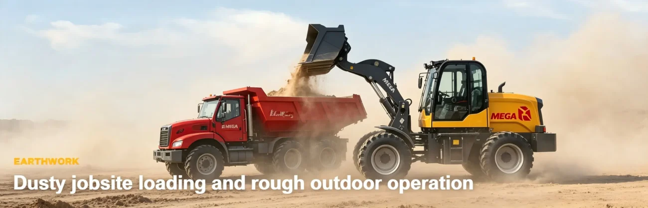 02国外项目成功案例展示-Overseas Construction Machinery Project Cases MEGA wheel loader operating in dusty earthwork